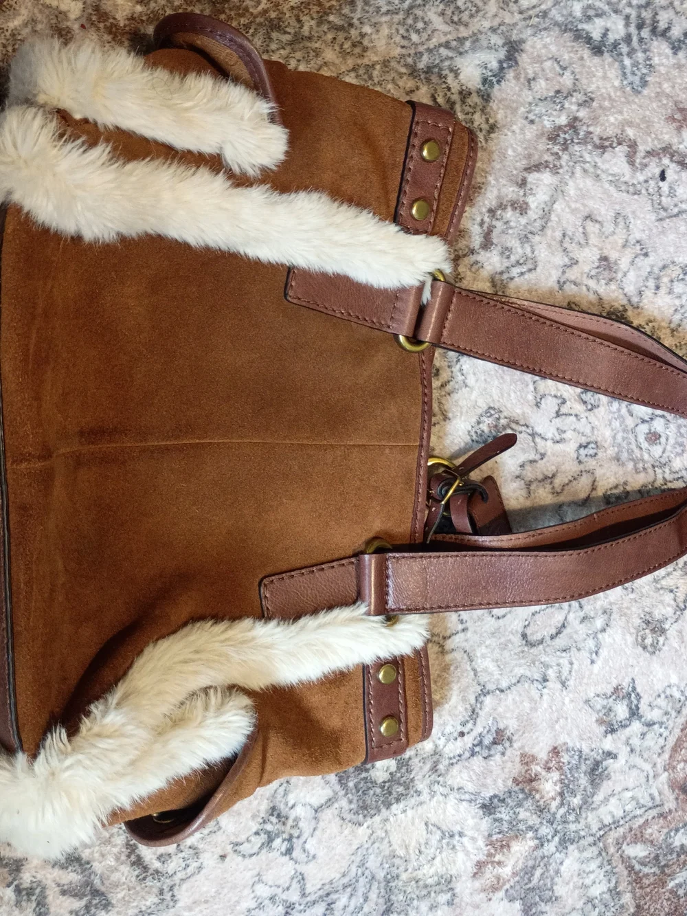 Fossil Long Live Adrina - Brown Cow Hide & Leather Tote with Faux Fur Trim - Picture 2 of 11